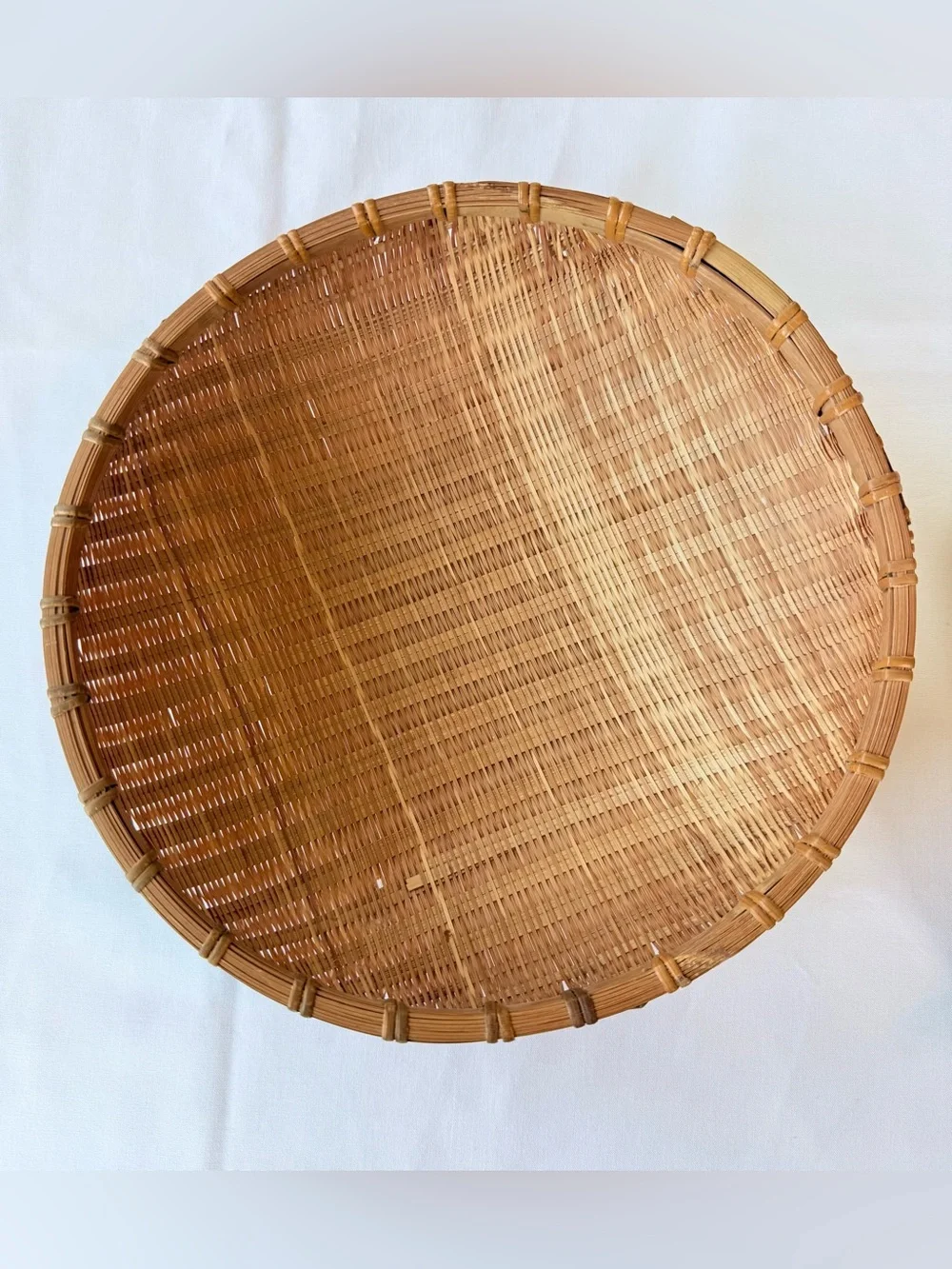 Vintage Handwoven Bamboo Winnowing Basket | Large Round Woven Basket Tray